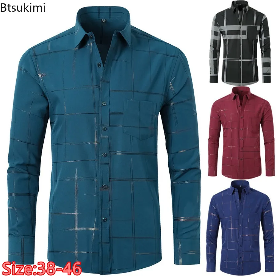 

Brand New Long Sleeve Shirts Men's Light Luxury Gold Stamped Business Casual Dress Shirts Slim Button-up Lapel Shirt Tops Male