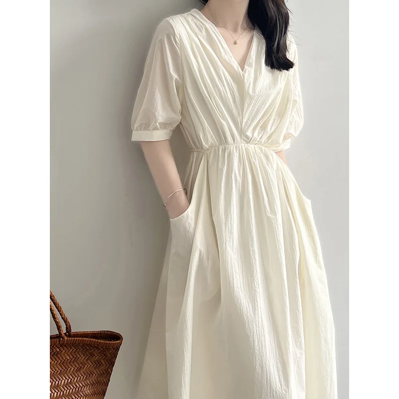 

Women's Summer Dress Literary Retro Commuter White Dress V-neck Short-sleeved Waisted Lacing Loose Versatile Long Dresses