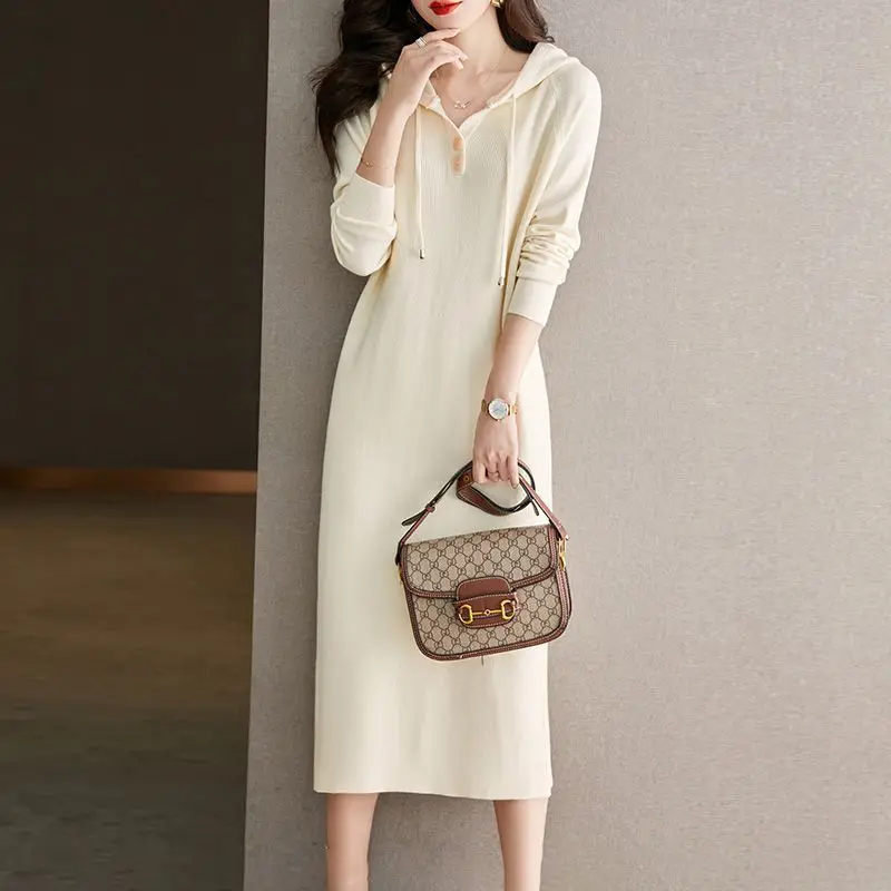 Pulls Femmes Hooded Middle-long Sweater For Women Straight Dress Spring Autumn Pullover Tops Female Slim Knitwear Wool Jumper