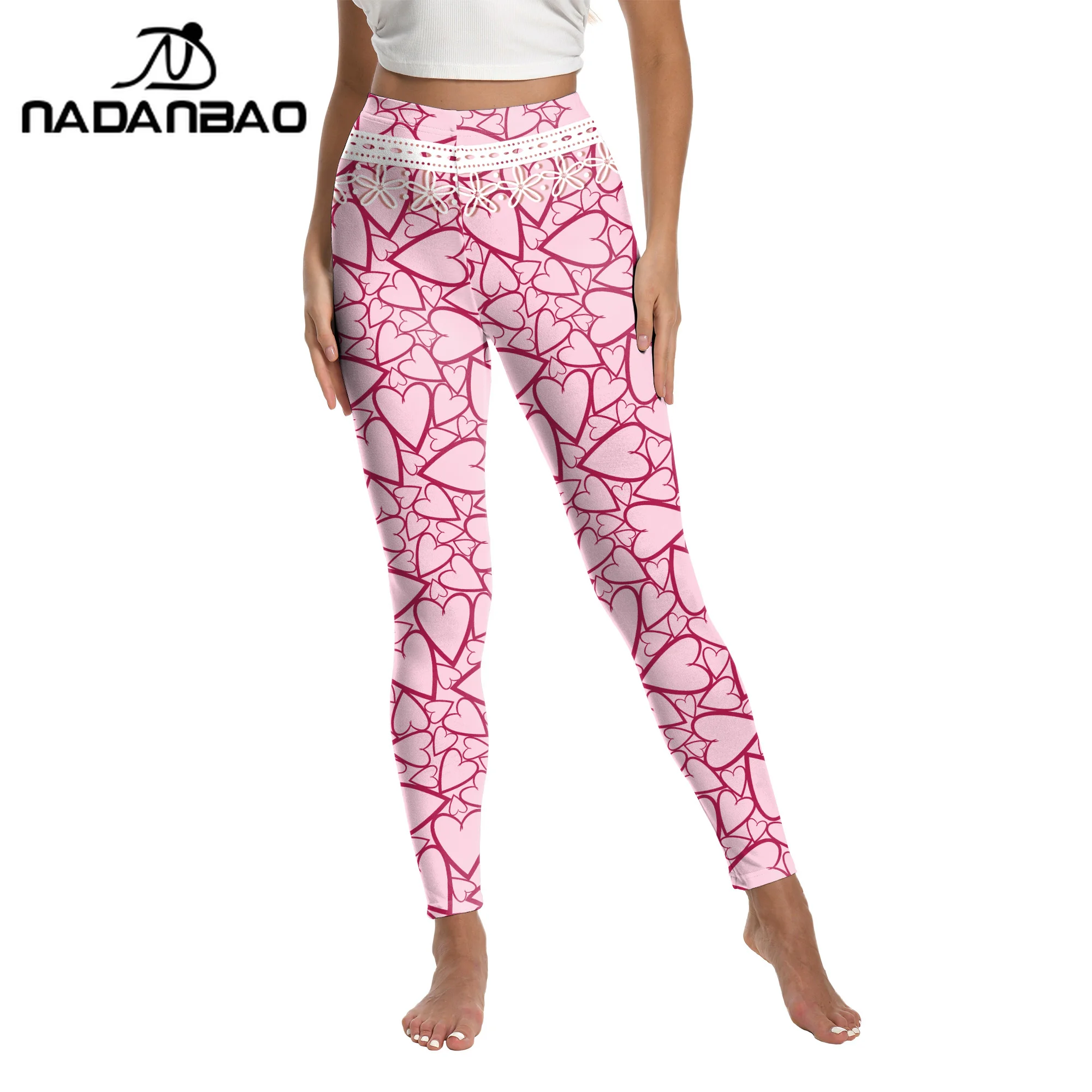 Nadanbao Pink Love Heart Print Leggings for Women Valentine's Day Party Trousers Spring Sexy Mid Waist Pants Casual Yoga Bottoms