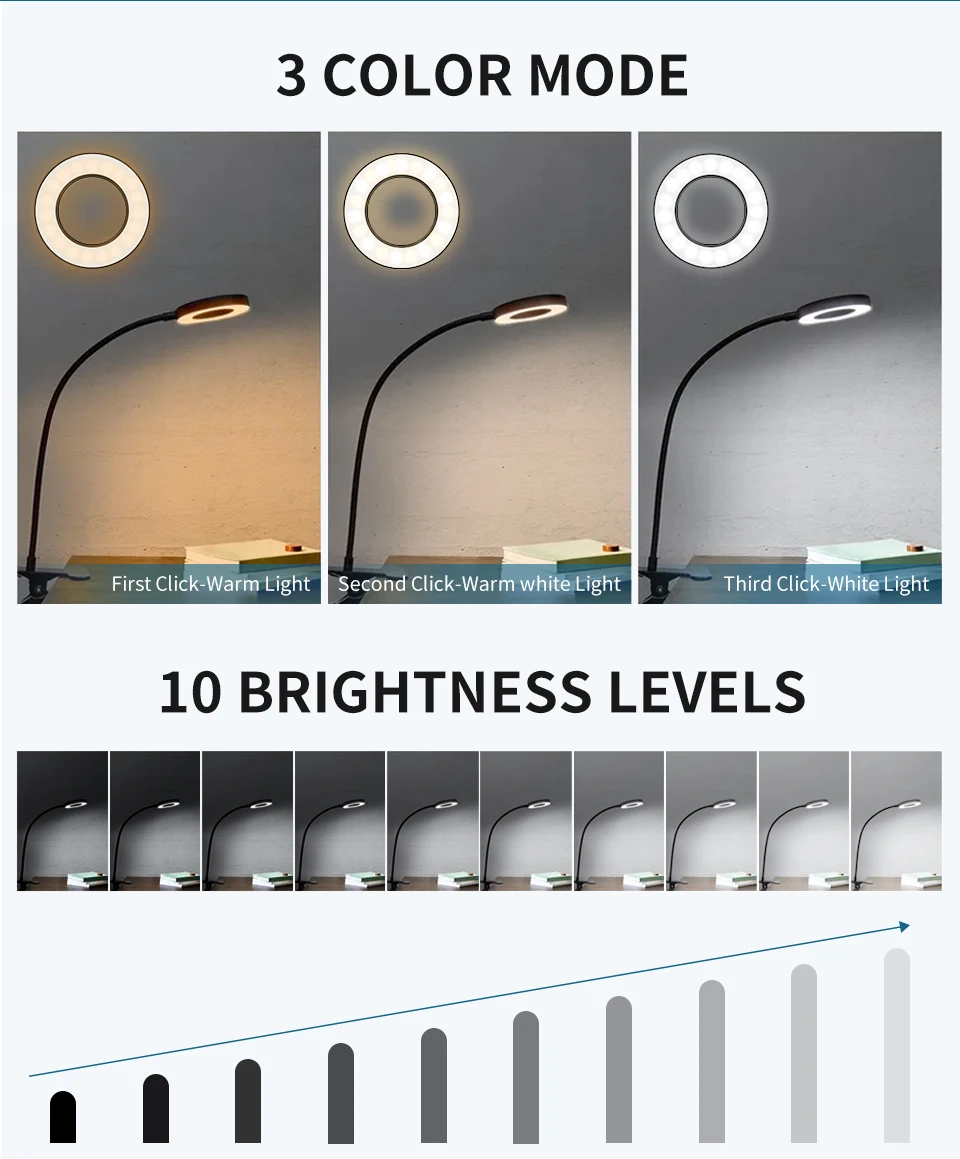 USB Foldable Reading Lamp 48 LEDs Clip on Desk Lamp 360°Flexible Gooseneck Reading Table Light Brightness Adjustable 3 Level