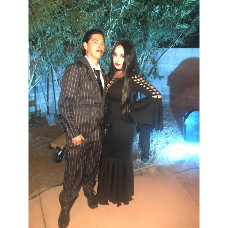 (متوفر) أزياء تنكرية مقاس كبير فستان مورتيسيا آدامز العائلي القوطي ماكسي باقان بيكسي مصاص دماء برباط علوي MN1