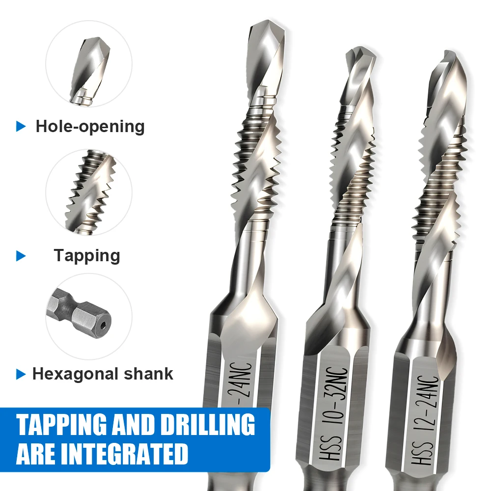 Screw Tap 1/4 Hex Shank HSS Composite Tap 6/32-12/24 NC Thread Tap Drill Bit Hand Tools