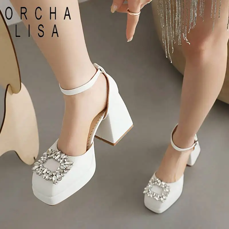 

ORCHA LISA Design Ladies Pumps Square Toe Chunky Heels 9cm Platform 2cm Buckle Strap Rhinestone Plus Size 44 45 46 Sweet Shoes