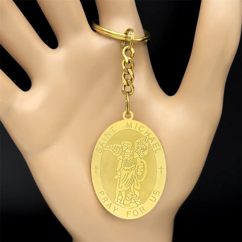 Archangel St.Michael Protect Us Key Ring Women Men Stainless Steel Gold Color Saint Shield Protection Key Chain Amulet Jewelry