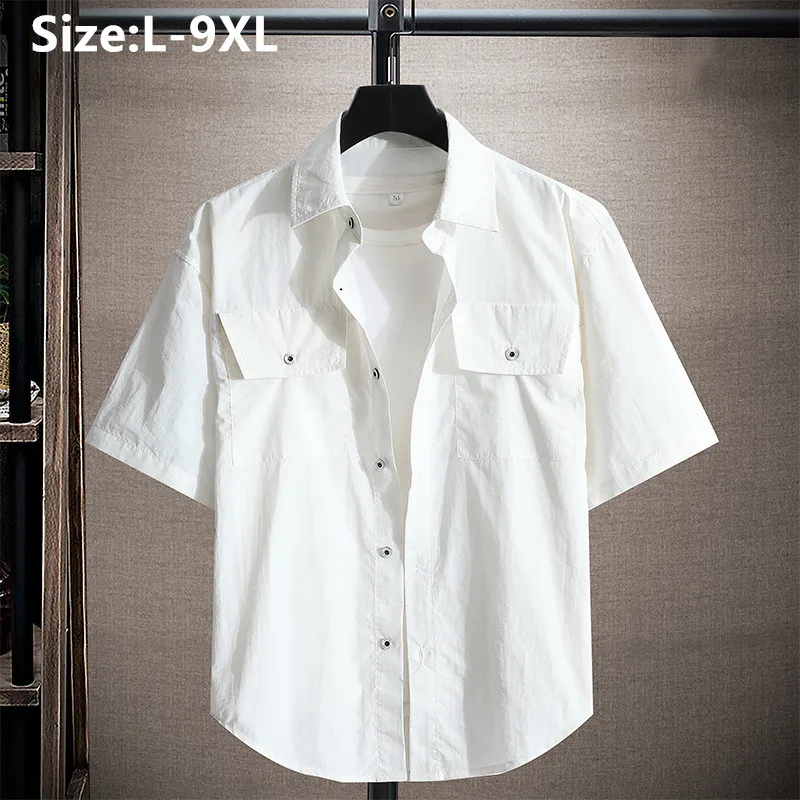 

9XL Men Summer Shirts Short Sleeve Plus Size 8XL 7XL 6XL Casual Nylon Male Tops Oversized Quick-Dry Loose Clothes White Blouse