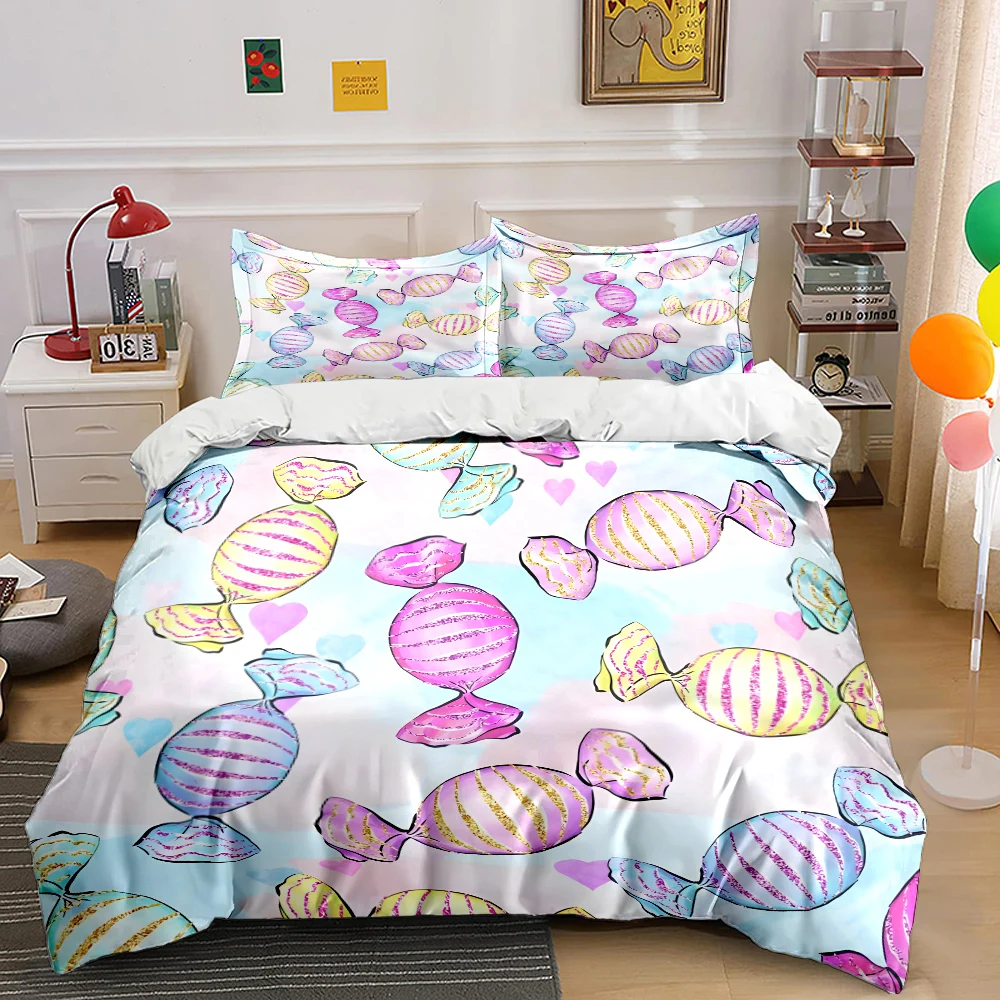 Colorful candies with heart Pattern Duvet Cover Set Digital Print Colorful Polyester Bedding with Zipper Closur for kids gifts