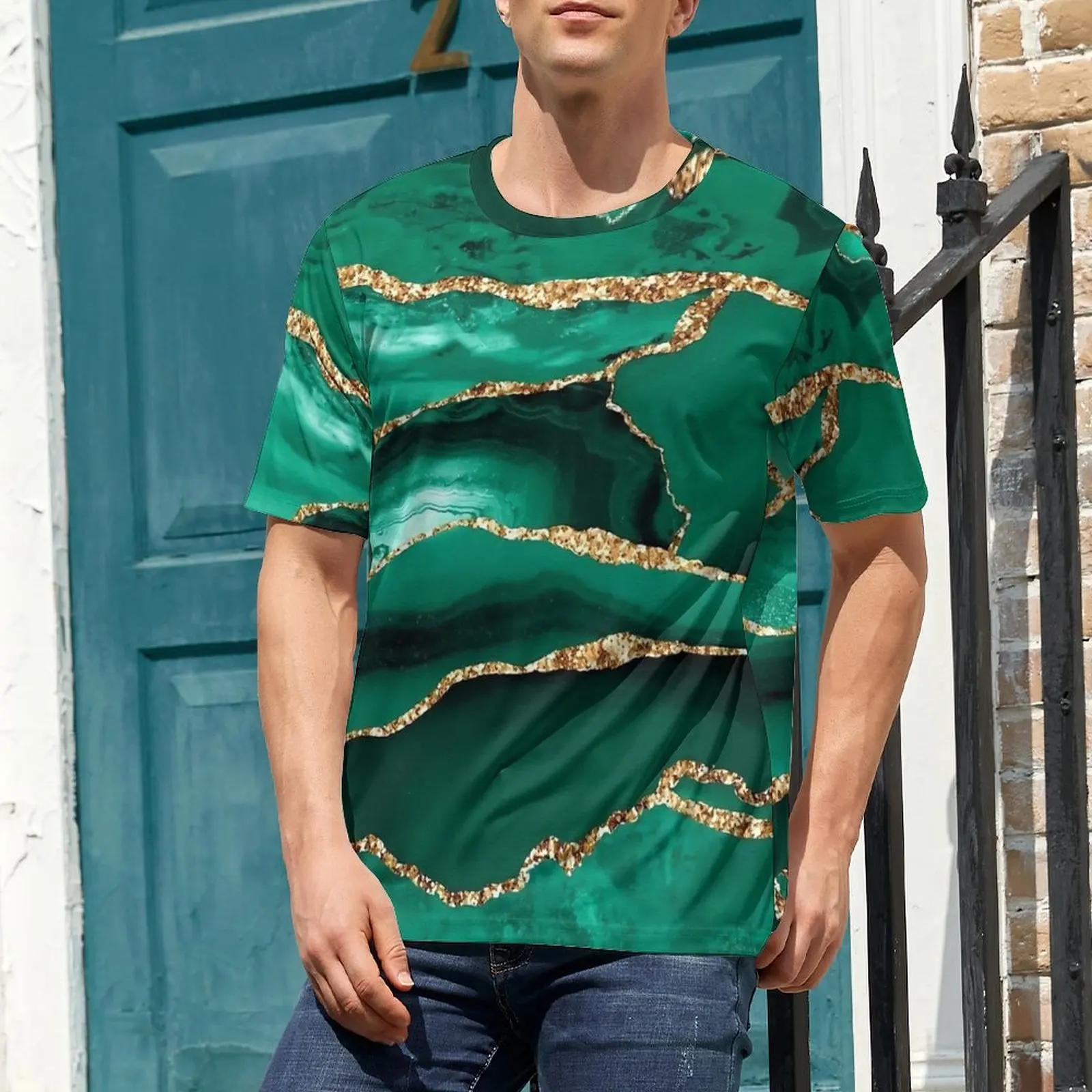 Men Green Marble With Gold Glitter Print T-Shirt Hippie T-Shirts Short-Sleeve Design Tops Hot Sale Streetwear Plus Size Top Tees