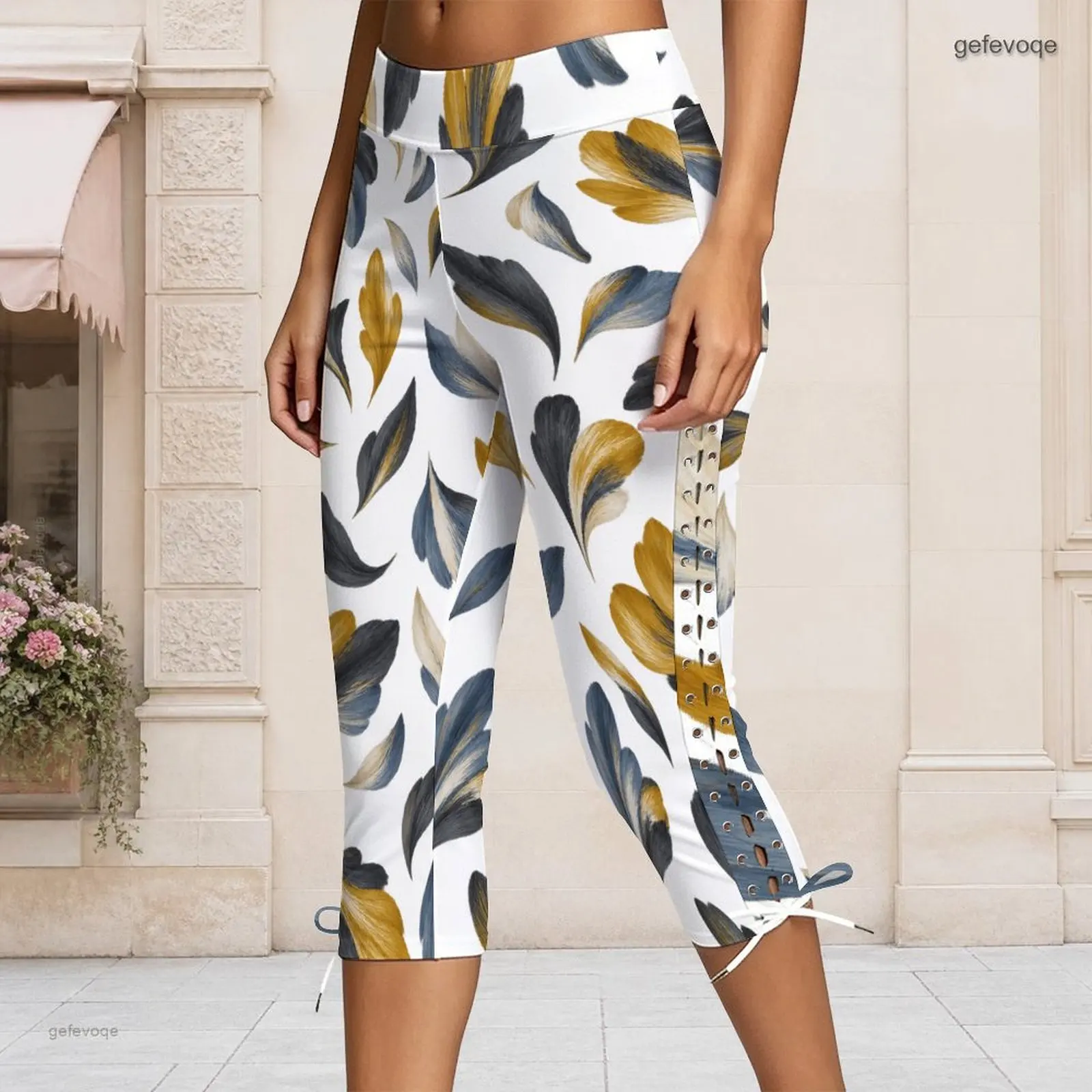Women High Waist Fitted Abstract Feather Printed Capri Pants Side Eyelet Lace Up Trousers