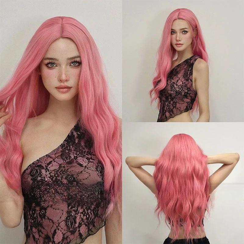 

Fashion trend women's pink water ripple medium-length curly hair, wearing a natural fluffy full-head wig