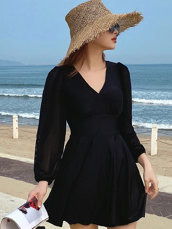 

Женский термокупальник Bla для плавания на открытом воздухе, больших размеров, с эффектом коррекции фигуры, консервативный, раздельный, с V-образным вырезом и длинными рукавами