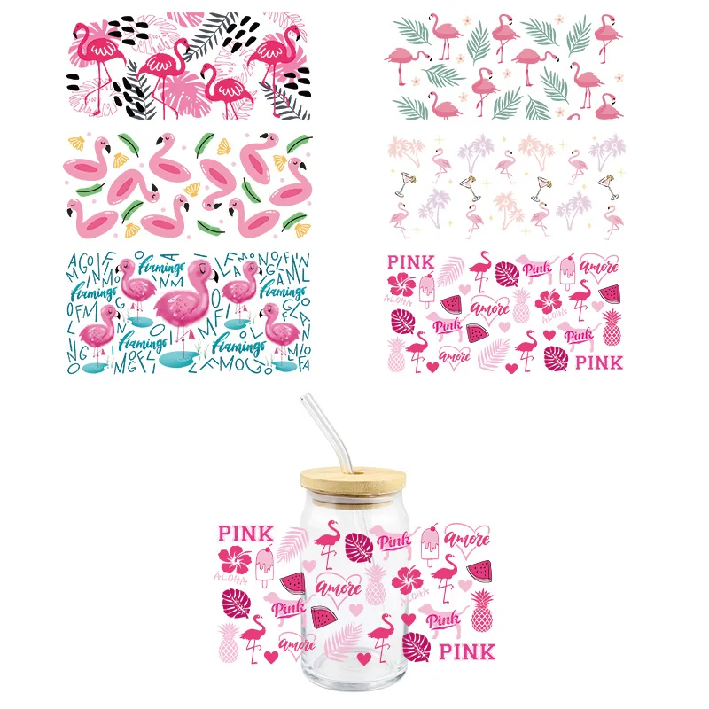 Cartoon Flamingo UV DTF Wrap Transfer Stickers Cute Prink Design DTF Wrap For Glasses Cups Mugs Wateproof Decal