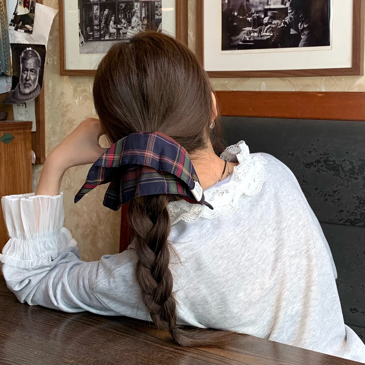 1PC Plaid Scarf Scrunchie - British Collegiate Style, Versatile Button Hair Tie, Elastic Hair Rope for Low Ponytails, Hair Acces image 4