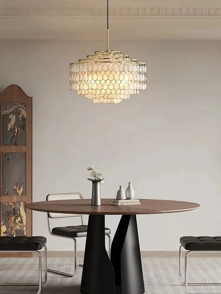French Light Luxury Copper Edge Shell Chandelier Vintage Retro High-end Living Room Study Restaurant