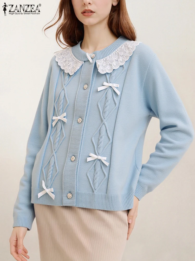 ZANZEA Maglioni accoglienti patchwork in pizzo da donna Sweety Bow dettaglio girocollo manica lunga maglione cardigan con bottoni FW 2025 Nuovo