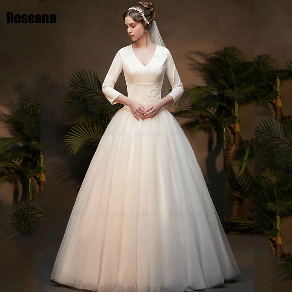 

Muslim 2024 High Quality Ivory A-line Wedding Dresses Applique Draped Pleat V-Neck Satin Bride Gown Floor Length robe de mariée