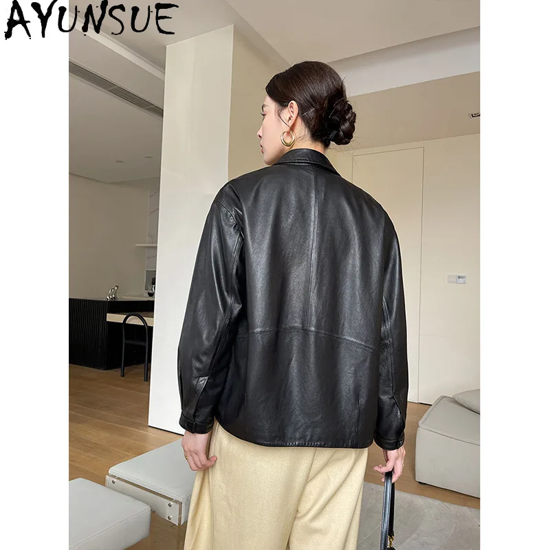 AYUNSUE Damska kurtka ze skóry naturalnej Jesienne ubrania 2025 Skóra owcza garbowana roślinnie Płaszcze Nowy styl Jaqueta De Couro Kołnierz Polo