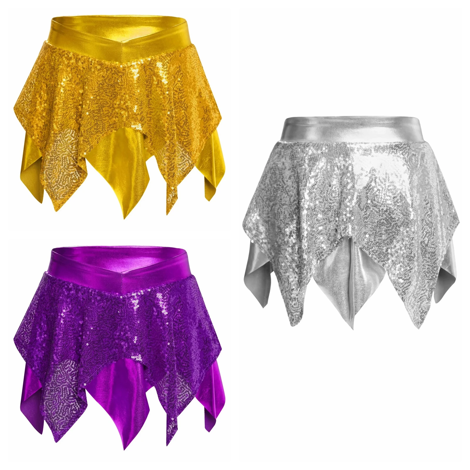 Kids Girls Mini Skirt Sparkly Sequins Metallic Rumba Tango Latin Jazz Dance Cha-cha Skirt Children's Stage Performance Costume