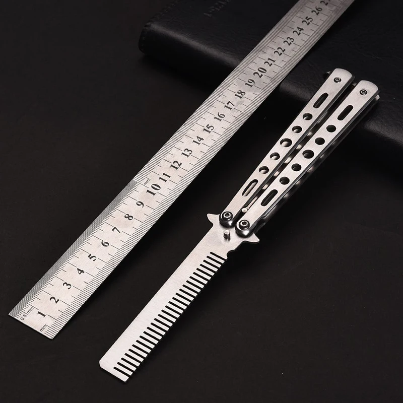 Foldable Comb Stainless Steel Practice Training Butterfly Knife Comb Beard Moustache Brushe Salon Hairdressing Styling Tools