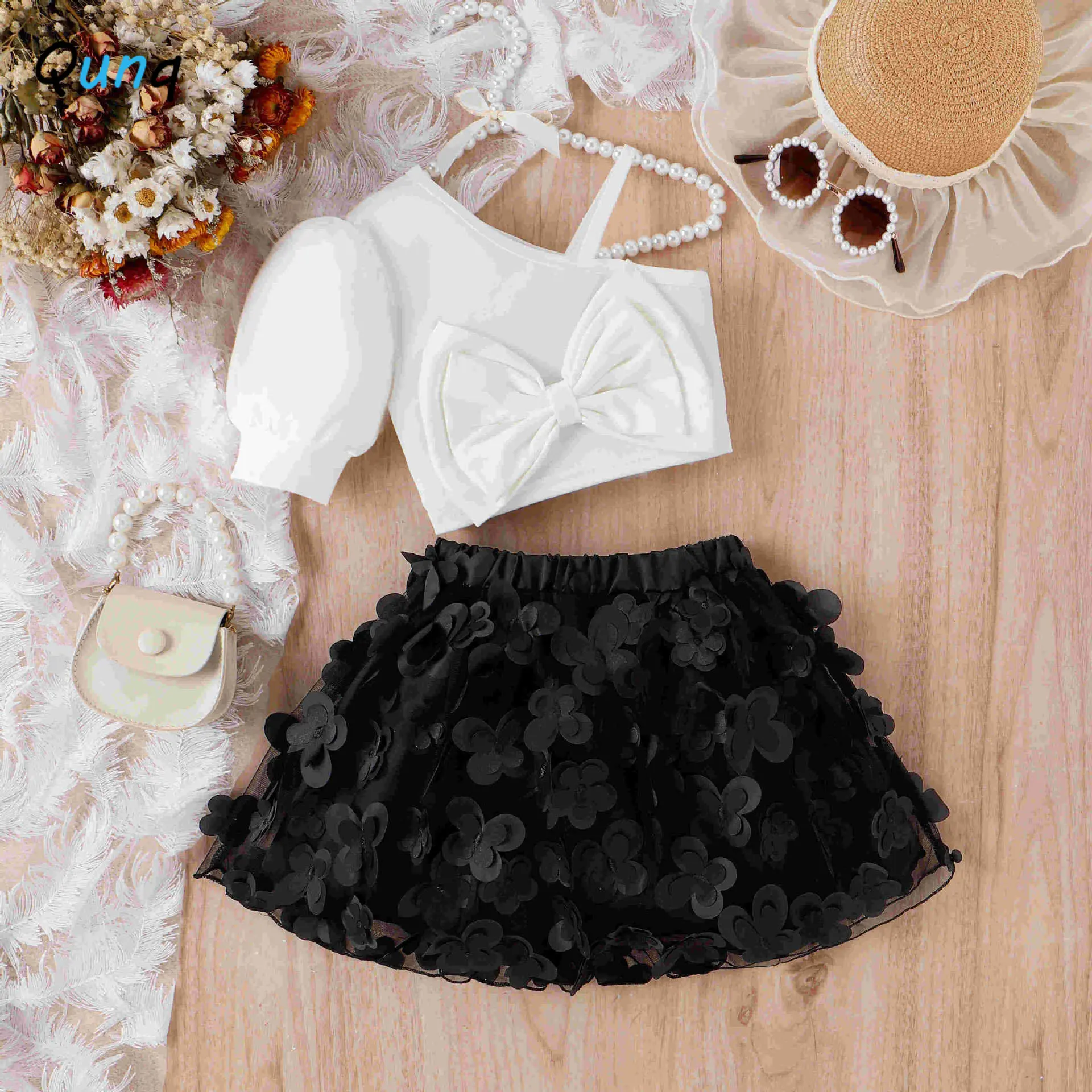 Qunq 2023 Summer Girls Slant Shoulder Suspender Bubble Sleeve Bow Top+Splicing Skirt 2 Pieces Set Casual Kids Clothes Age 3T-8T