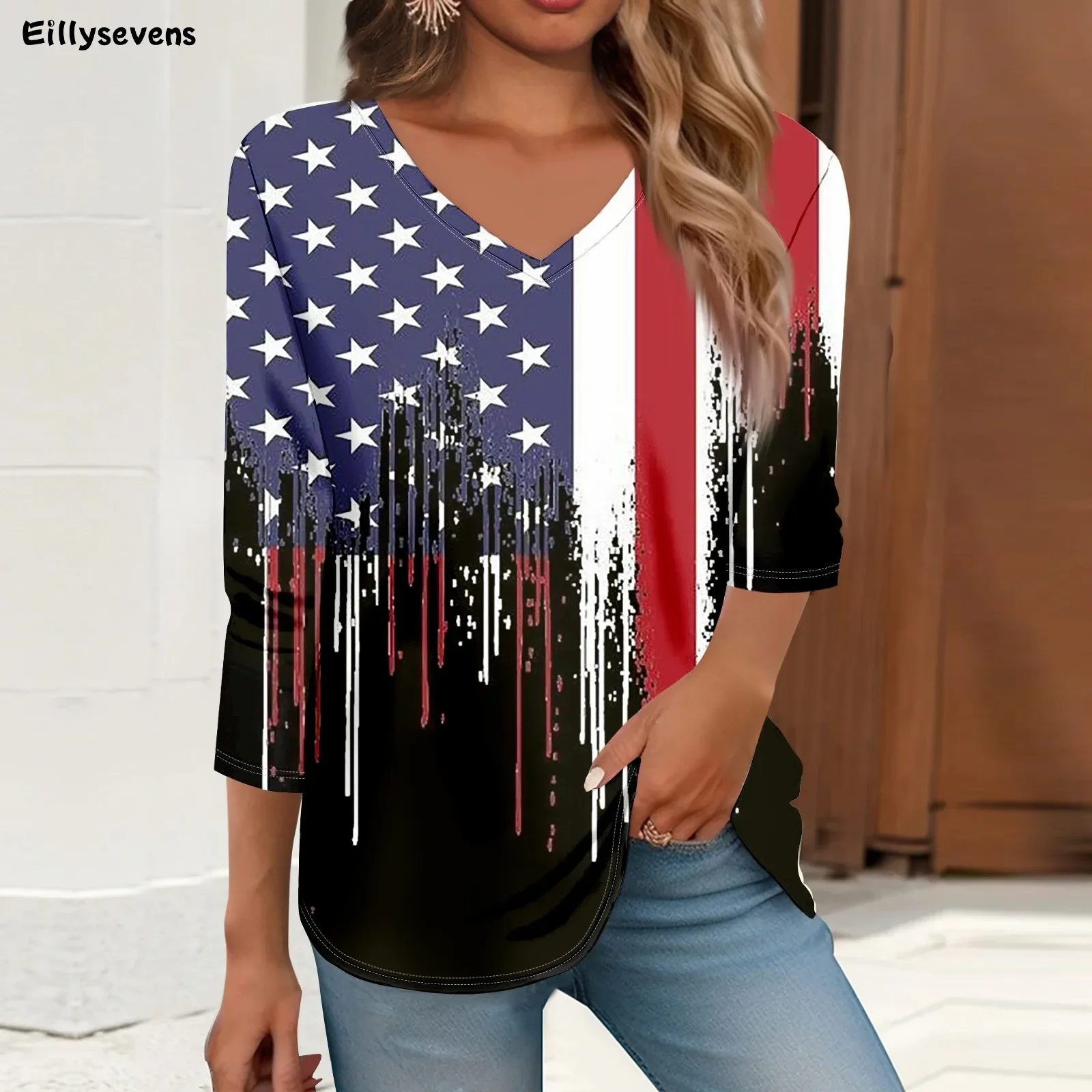 Women Summer Daily V Neck Loose Regular Tops Xxxl 3/4 Sleeve Tops For Fashion Casual Independence Day Print Tops Spring