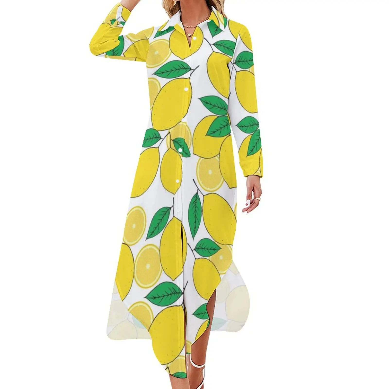 

Lemon Print Long Sleeved Shirt Dress evening dresses women Prom gown