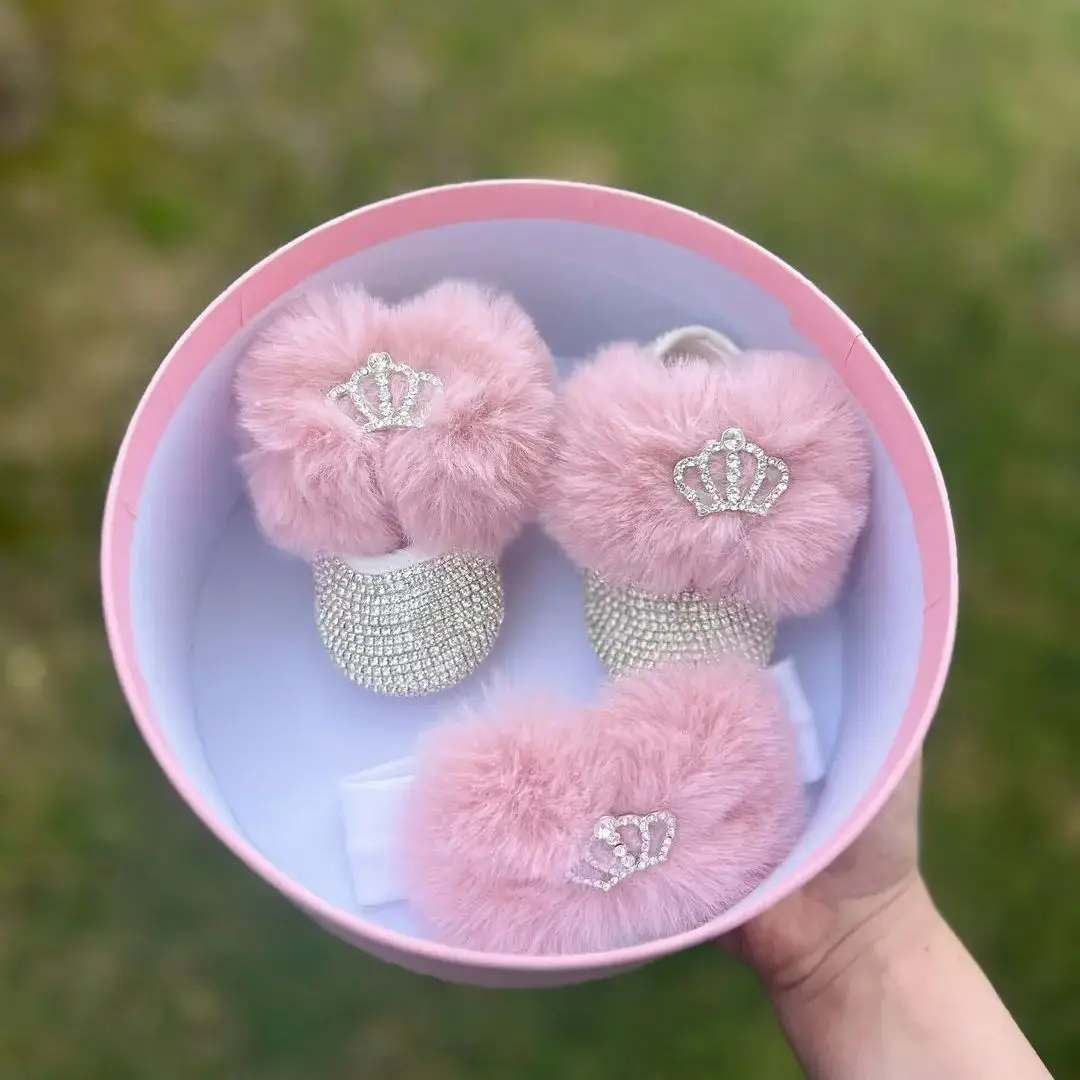 Dollbling Fur bow Personalized Newborn Baby Shoes Luxury Baby Gift Christmas Booties Baby Shower Gift Crystal Shoes Headband