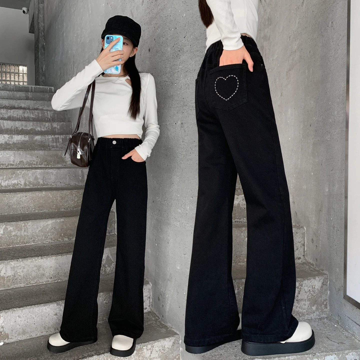 

25AW Girl High Waist Slim Fit Wide Leg Jeans Teen Y2k 2000s Casual Straight Leg Pants Girls Fashion Black Loose Denim Trousers