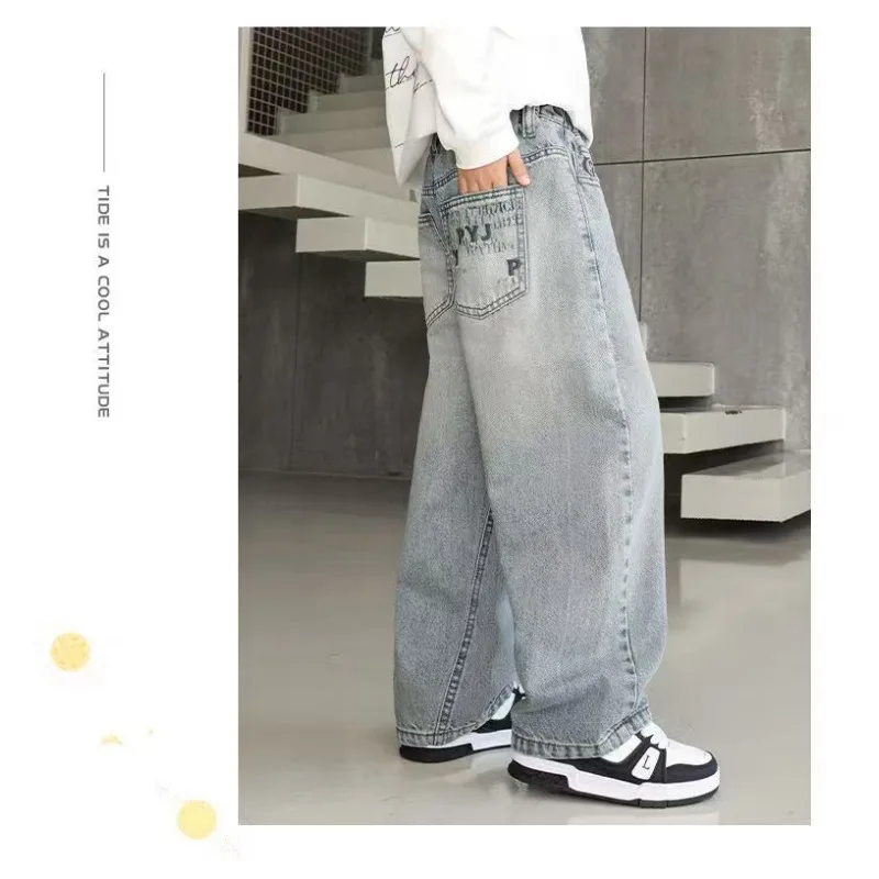 Herbst Kinder Jeans UNITIM 4-14 Jahre Jungen Denim-Hosen mit Schriftzetteltasche Lose Elastische Taille Junior Jungen Gerade Hosen Teenager Jungen Hose – Detail 11