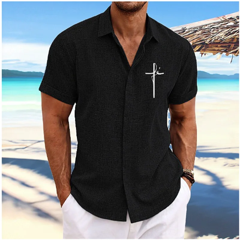 Camisa con estampado cruzado para hombre, camisa blanca de manga corta con botones y solapa, ropa de calle, informal y suave, de diseñador, a la moda, 2023