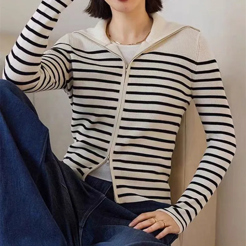 

HELIAR Women Double Zipper Cardigan Patchwork Striped Knit Sweater Long Sleeve Casual Slim Cropped Top Office Lady Cardigan Fall
