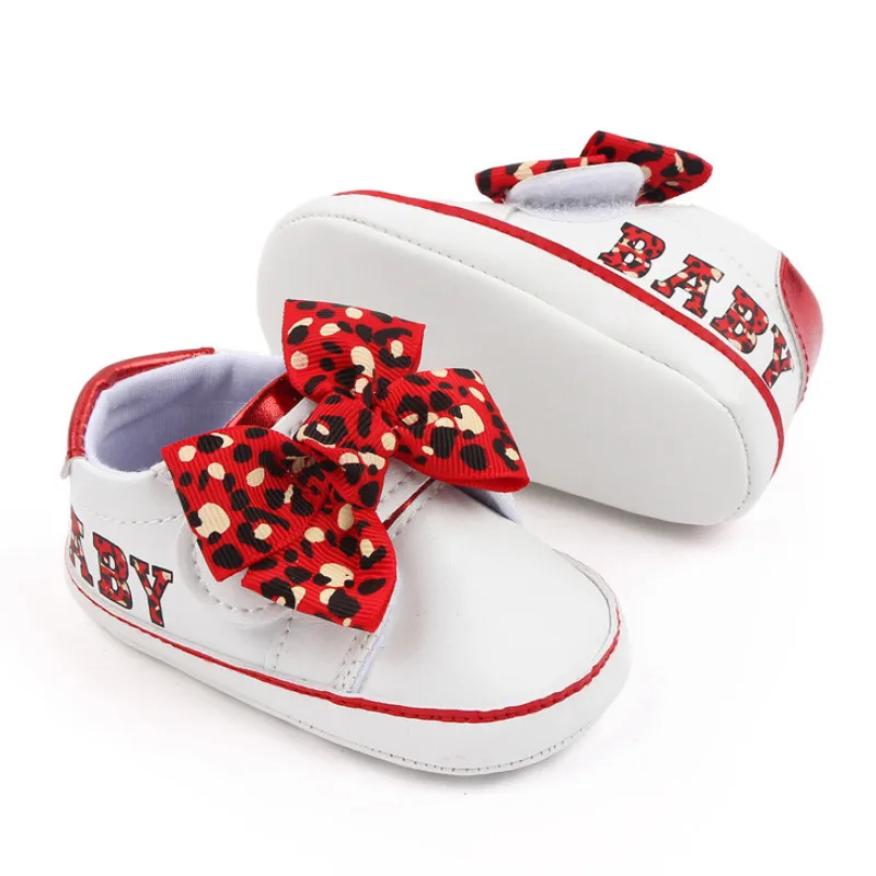 

Newborn Baby Girl Sneaker Shoes Non-slip Bow Letters Leopard Print Flats First Walking Shoes for Casual Daily Baby Items