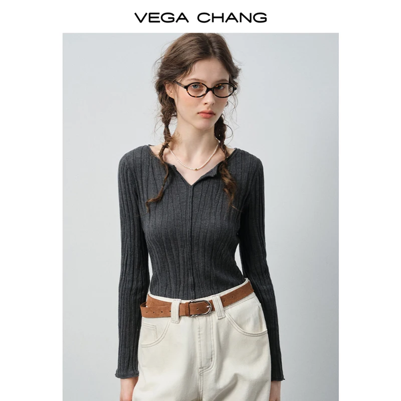 

Vega Chang Wool Knit Sweater for Women, New Autumn and Winter V-Neck Ribbed Texture Long-Sleeve Top