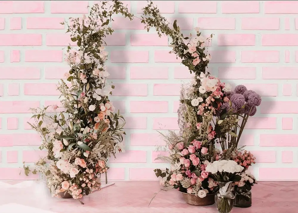 Pink Floral Photography Backdrop Valentines Day Arch Brick Wall Wedding Bridal shower Engagement Studio Photoshoots Background