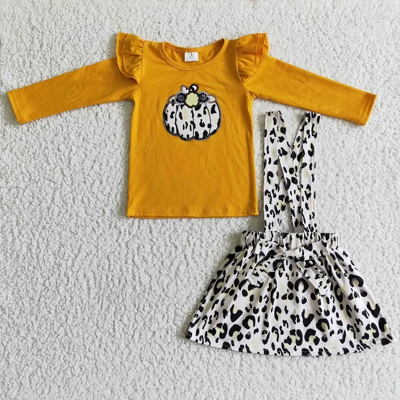 

Wholesale Baby Girl Embroidery Pumpkin Outfit Infant Children Kid Set Toddler Orange Cotton Thanksgiving Leopard Suspender Skirt