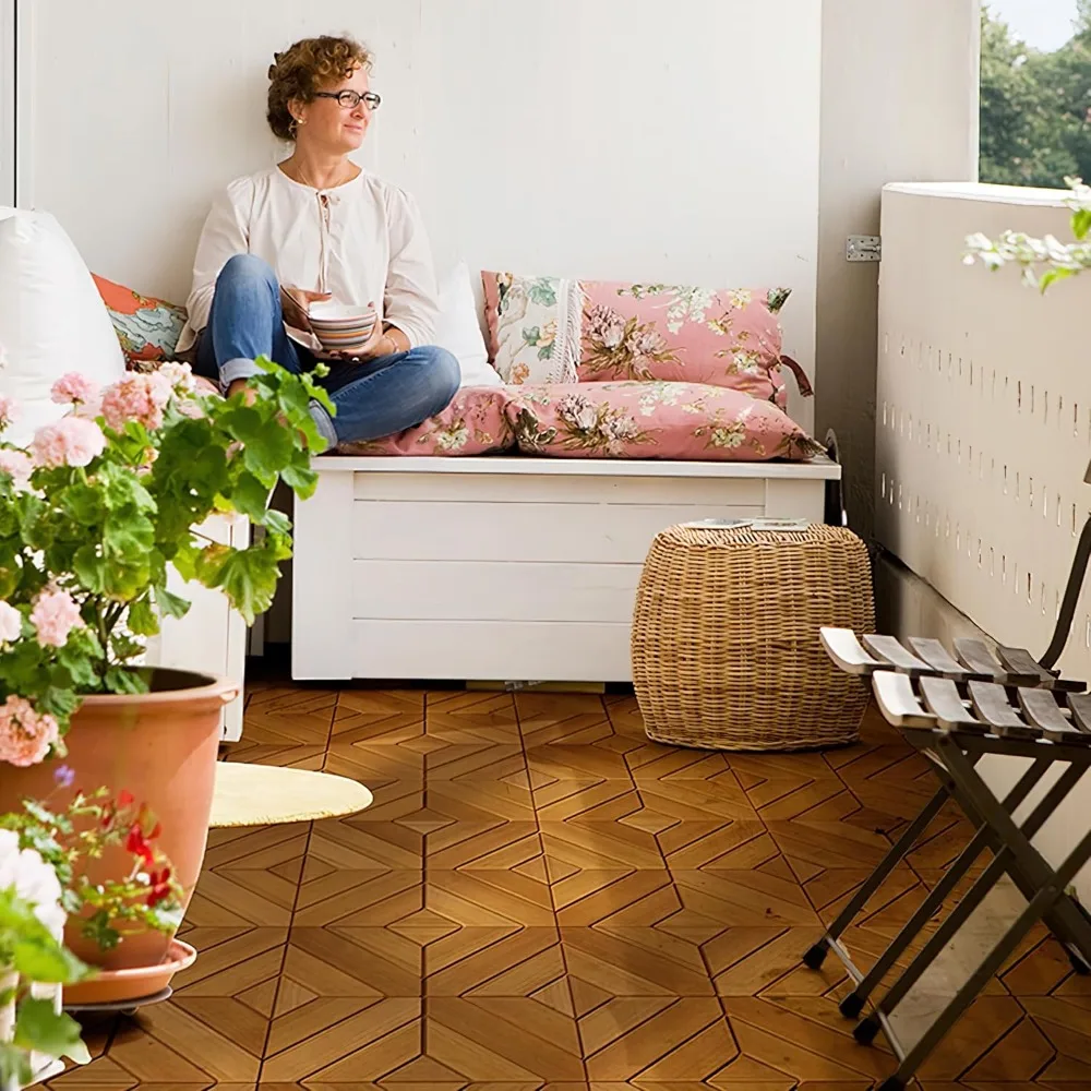 

54 PCS Solid Acacia Wood Interlocking Patio Deck Tiles - 12 x 12 Indoor Outdoor Waterproof Flooring Tiles for Balcony,