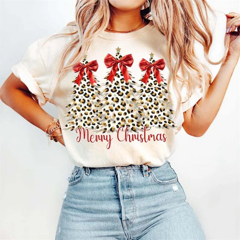 

Рождественский бант в стиле елки, женская модная одежда с принтом, женская повседневная базовая футболка с короткими рукавами и круглым вырезом, белая футболка