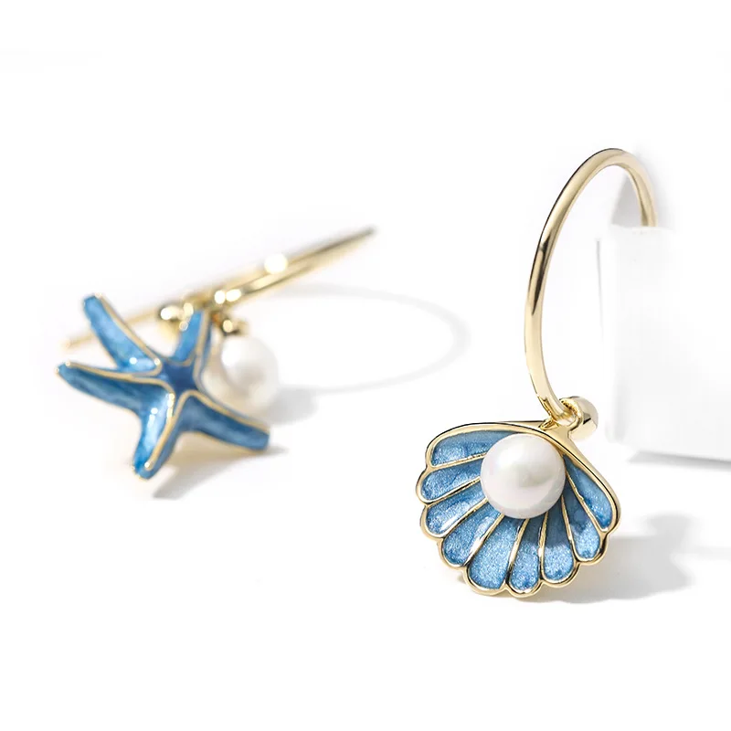 

Summer Day New Fashion Simple Geometry C-Shape Starfish Shell Pearl Earrings for Women Holiday Luxury Ball Party Jewelry Gifts