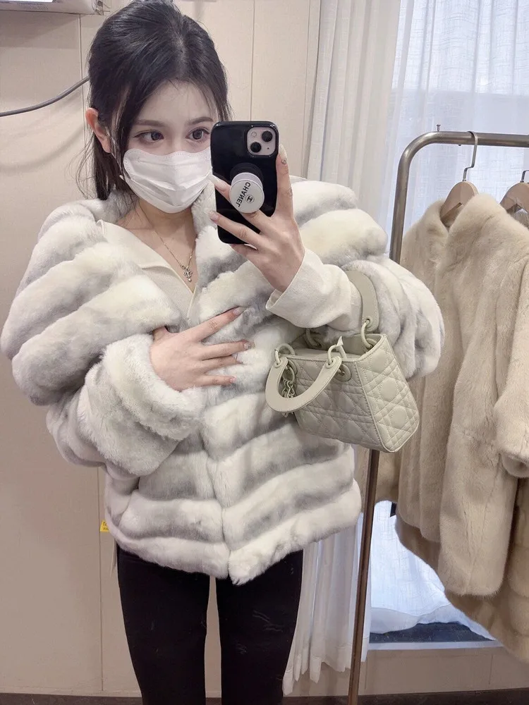 BFFUR Women Rabbit Fur Jackets Real Rex Rabbit Fur Coat with Large Lapel Collar Temperament Women's Short Coat