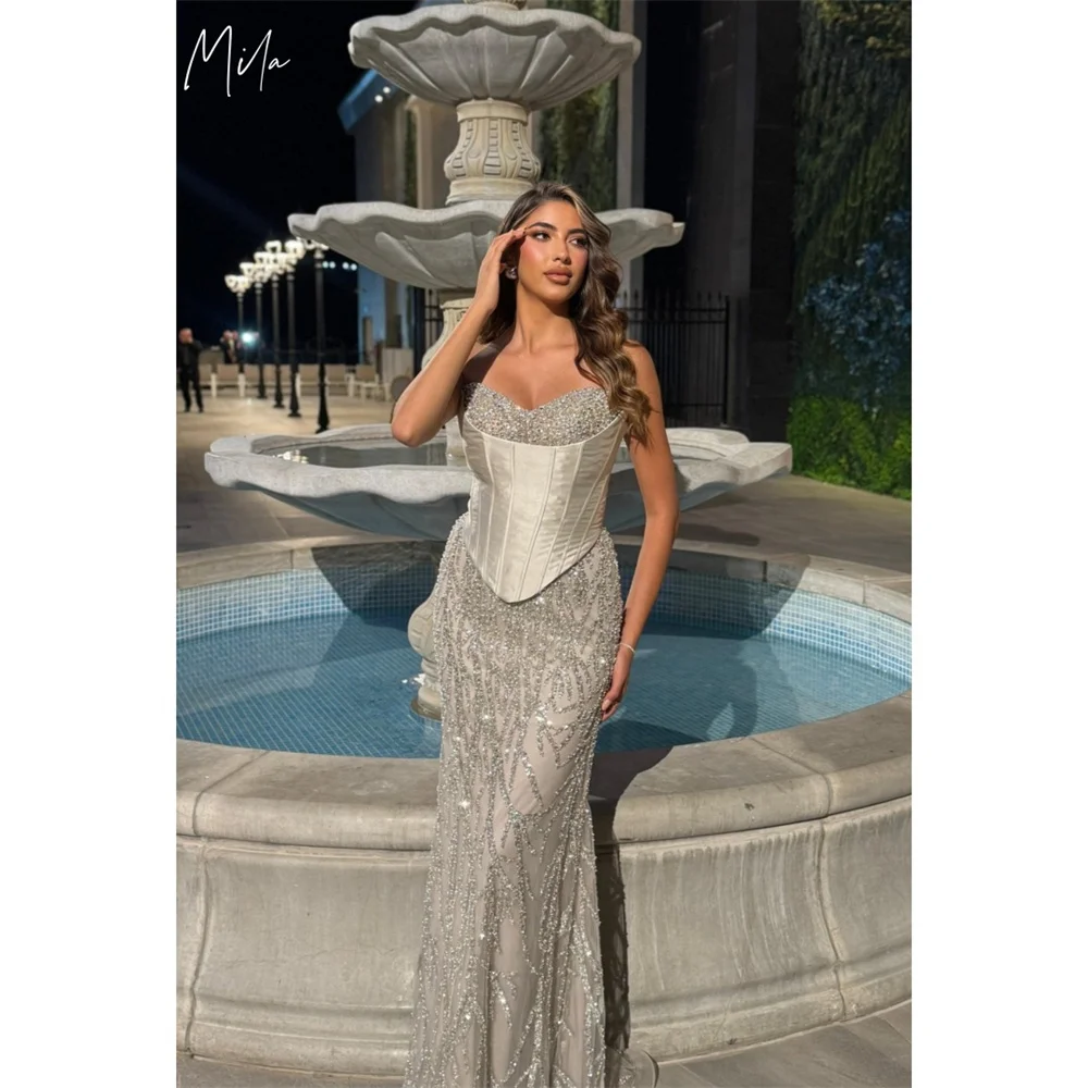 

Mila Strapless Customized Gray Evening Dresses Sleeveless Back Lace-Up Prom Dress 2025 Floor-Length Wedding Party Formal Gowns