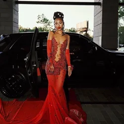 Red Sparkly Mermaid Prom Dresses 2025 Customsized Sheer Mesh Crystal Beaded Trumpet Long Evening Occasion Gown Outfit