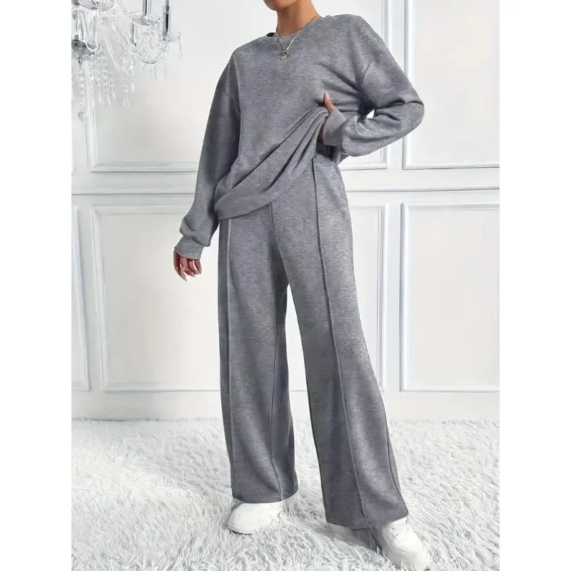 ファッションカジュアルシンプル秋ツーピースセット2025レディース無地Vネック長袖プルオーバー+ストレートレッグパンツカジュアルスーツ