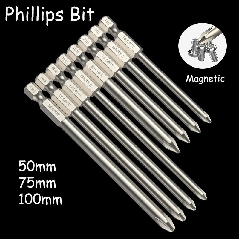 

Phillips Screwdriver Bit Set Magnetic 50mm 75mm 100mm 1/4" Hex Shank Cross Head Screwdriver Drill Bit S2 Alloy Steel PH00~PH2