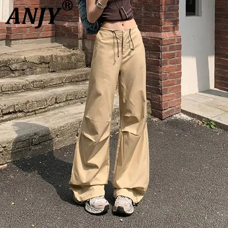 

ANJY Spring Summer New Women American Street Style Casual Loose Versatile Drawstring Pleated Fashion Wide-Leg Cargo Pants A23059