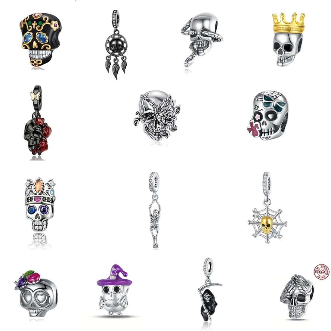 Colgante de Calavera de Plata de Ley 925 para Hombre y Mujer, Abalorio DIY para Joyería, Regalo Compatible con Pulsera y Collar Originales