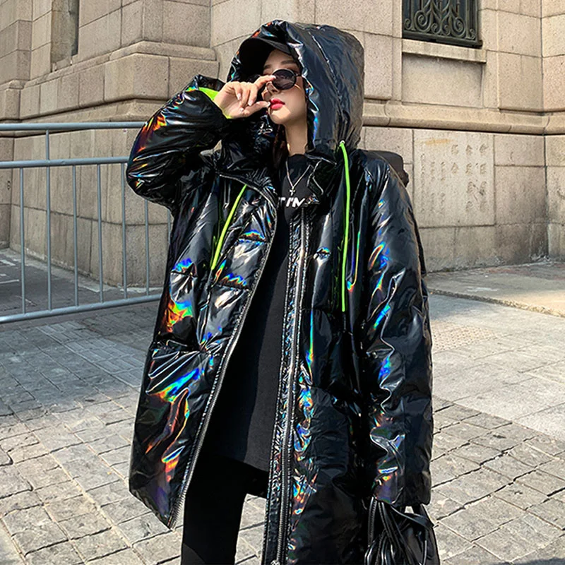 Glossy Streetwear laser Parkas Coat Womens Warm Hooded Jacket white/Black Winter White Duck Down Coats