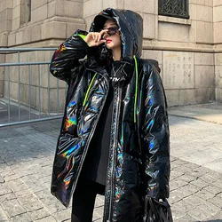 Glossy Streetwear laser Parkas Coat Womens Warm Hooded Jacket white/Black Winter White Duck Down Coats