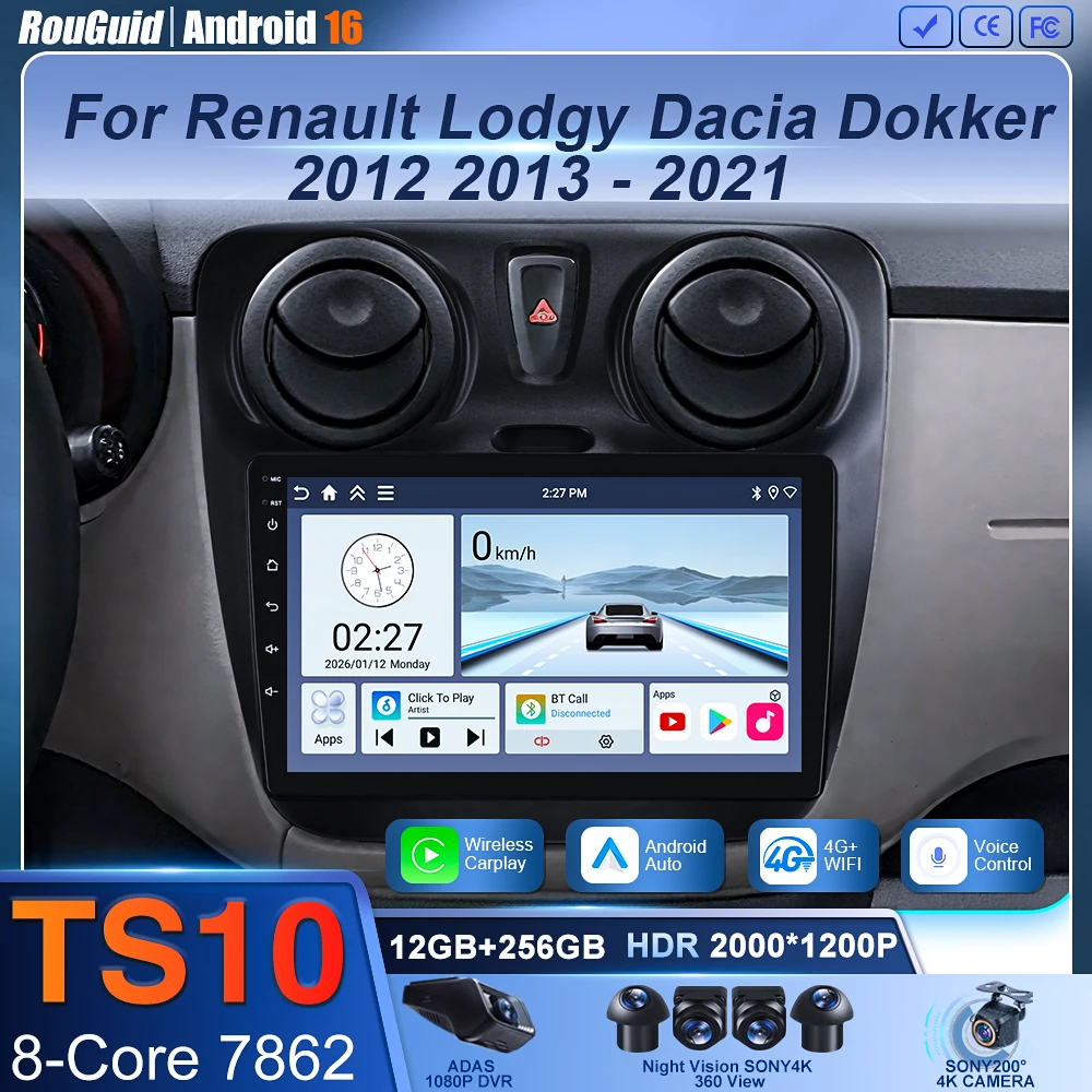 Android 16 Car Radio For Renault Lodgy Dacia Dokker 2012 2013 - 2021 Autoradio Auto Carplay WIFI+4G Multimedia DSP Stereo Player