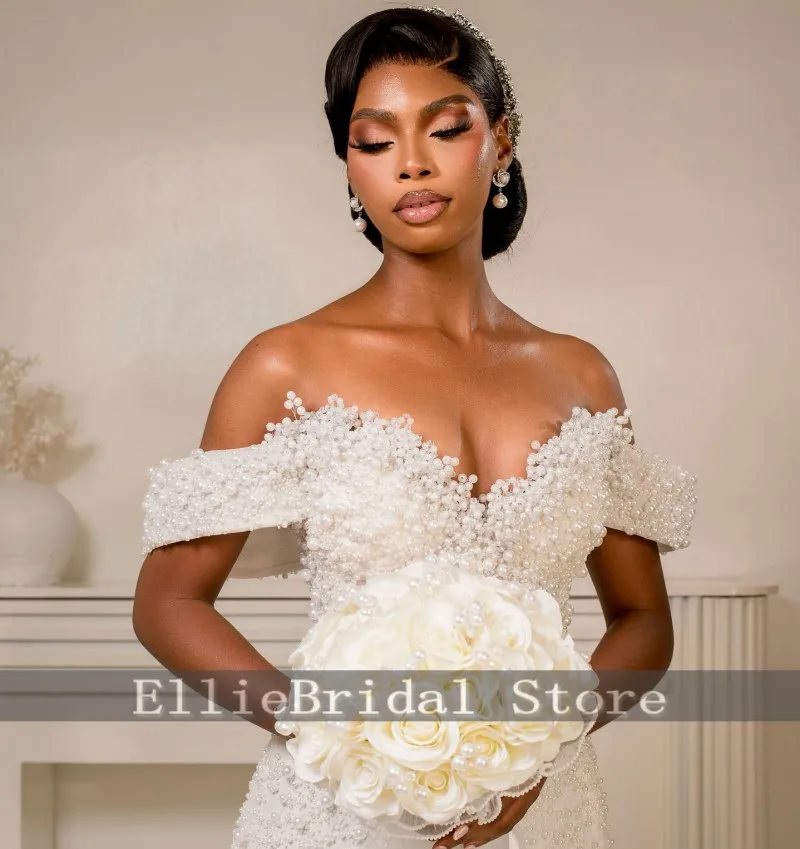 فساتين زفاف رائعة على شكل قلب مكشكشة لؤلؤ حورية البحر للفتيات قبالة الكتف فساتين فيستدو دي نوفيا 2026 مخصصة #2