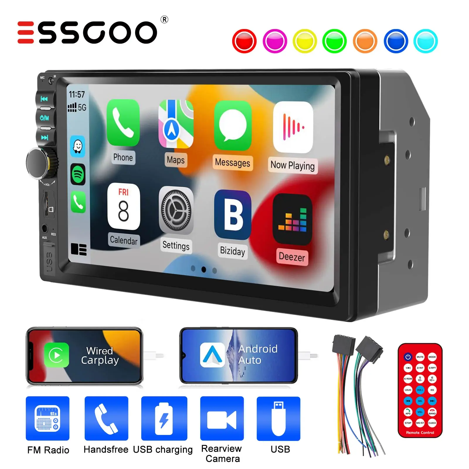 ESSGOO 7 Inch Carplay/Android Auto Double 2 DIN Car Stereo Stereo Head Unit Radio AUX FM USB Multimedia MP5 Player